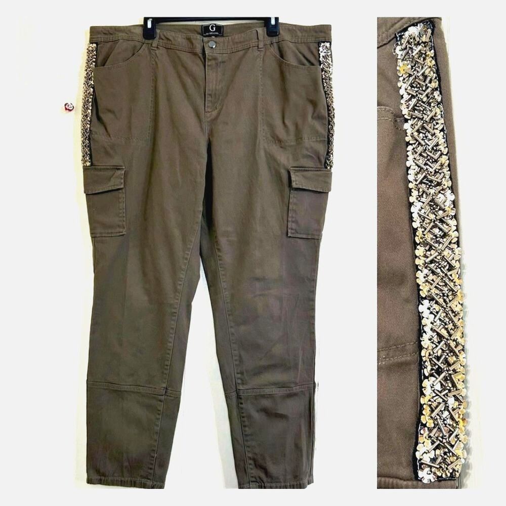 G BY GIULIANA Cargo Skinny Pants Size 22W Green Olive Mid-Rise Side Sequin Pants